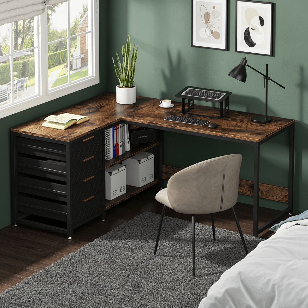 Groot L-vormig Bureau – Hoekbureau – Computertafel – Werkplek – Bureau met Opberglades – Stevig Fiberboard – Wisselbare Hoekopstelling – Bruin Modern Design