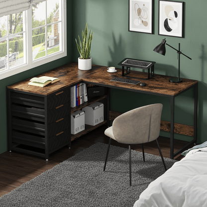 Groot L-vormig Bureau – Hoekbureau – Computertafel – Werkplek – Bureau met Opberglades – Stevig Fiberboard – Wisselbare Hoekopstelling – Bruin Modern Design