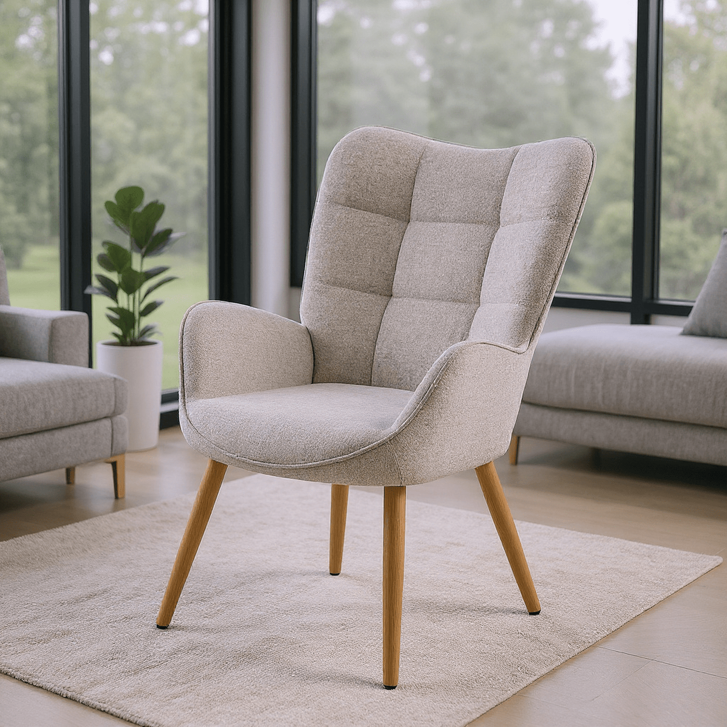 Loungestoel – Fauteuil – Relaxstoel – Zetel – Armstoel – Scandinavisch Design – Comfortabele Stoffering – Houten Poten – Grijs – 72x61x90,5 cm
