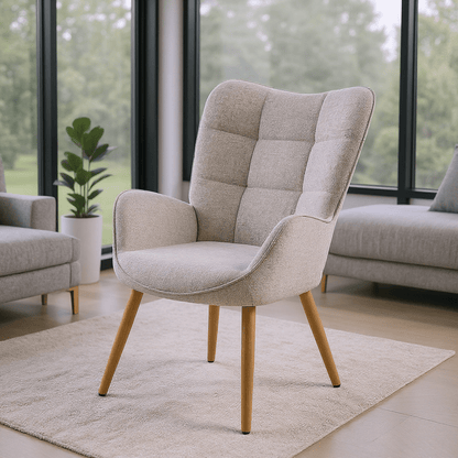 Loungestoel – Fauteuil – Relaxstoel – Zetel – Armstoel – Scandinavisch Design – Comfortabele Stoffering – Houten Poten – Grijs – 72x61x90,5 cm