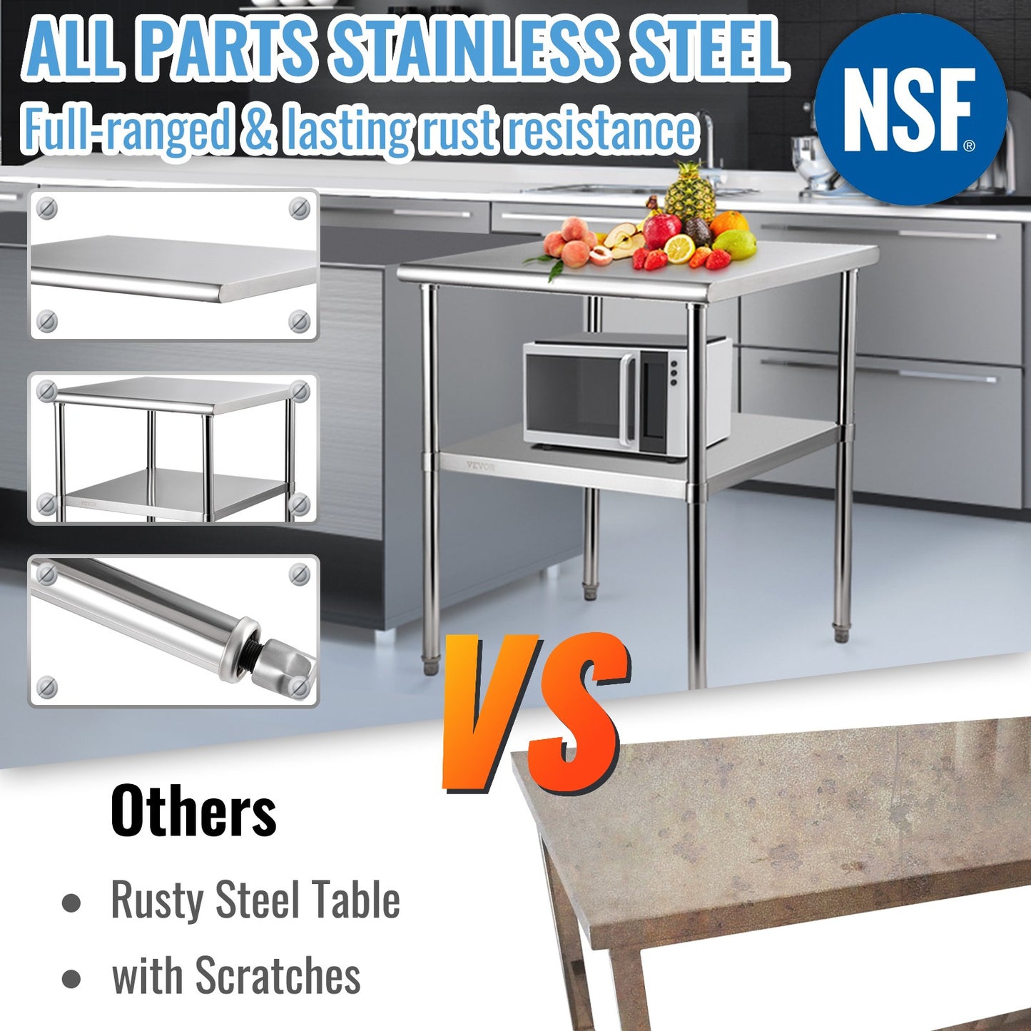 Roestvrijstalen Werktafel – RVS Keukentafel – Werkbank – Voorbereidingstafel – Cateringtafel – Verstelbare Onderplank – 76 x 76 x 91 cm – 363 kg Draagvermogen