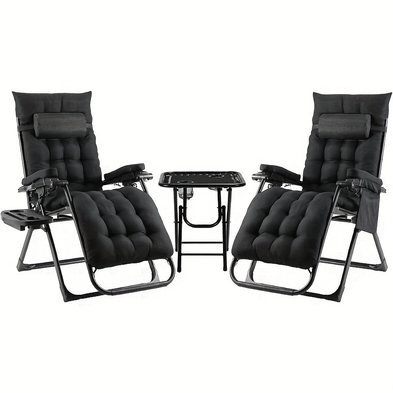 Outdoor Lounge Stoelen – Tuinstoelen – Campingstoelen – Balkonstoelen – Inklapbare Stoelen – Teslin Stof – Afneembare Kussens – Met Tafel – Draagkracht 160kg – Grijs/Zwart