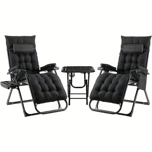 Outdoor Lounge Stoelen – Tuinstoelen – Campingstoelen – Balkonstoelen – Inklapbare Stoelen – Teslin Stof – Afneembare Kussens – Met Tafel – Draagkracht 160kg – Grijs/Zwart