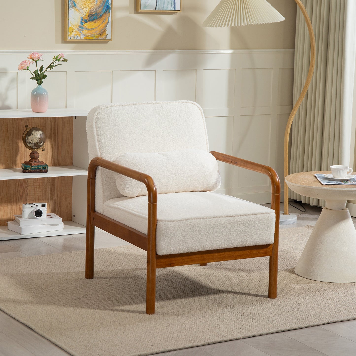 HOMCOM Living Room Fabric Bouclé Armchair, Modern Relaxation Chair with And Hevea Wood Frame, Armchair for Bedroom, Living Room, Dining Room, White