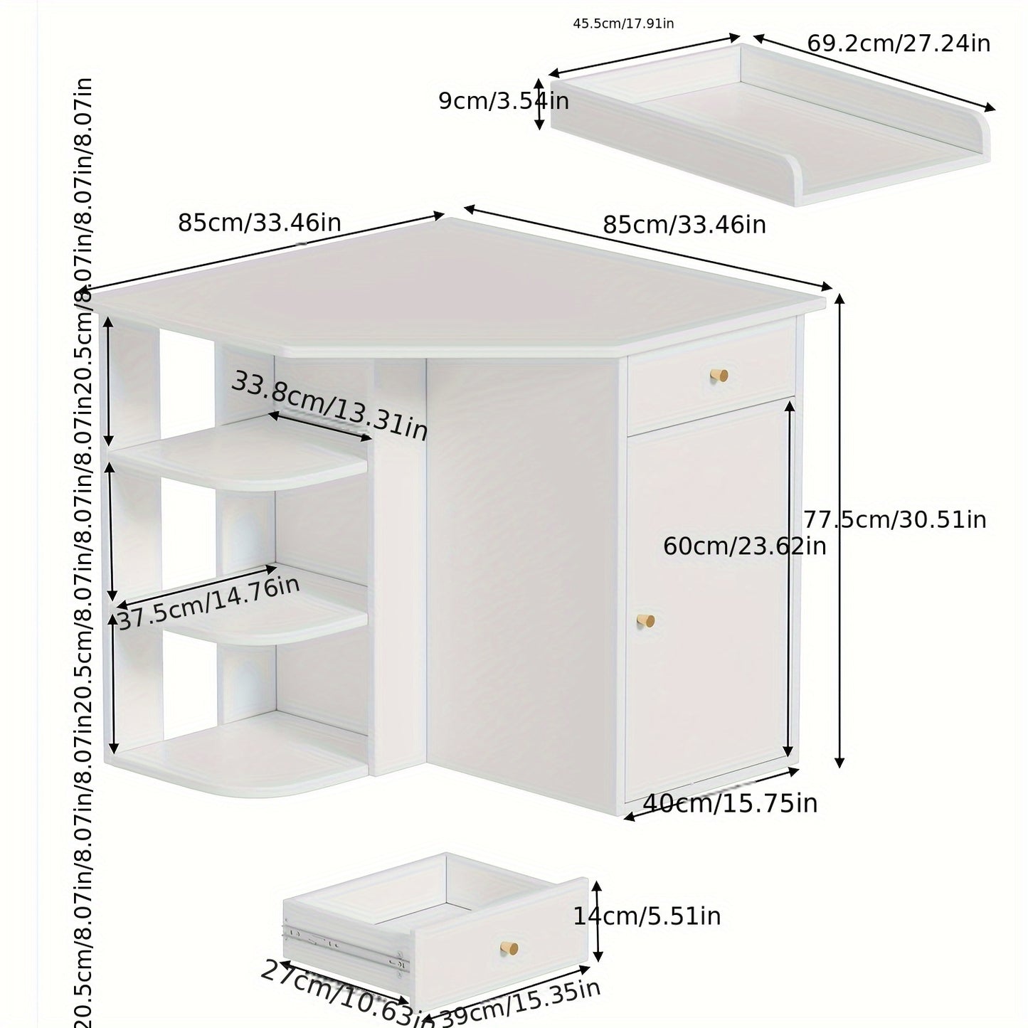 Hoekkast – Hoekkast – Nachtkastje – Opbergkast – Bedkast – 2 Lades & 3 Open Vakken – Verwijderbare Veiligheidsrand – Wit