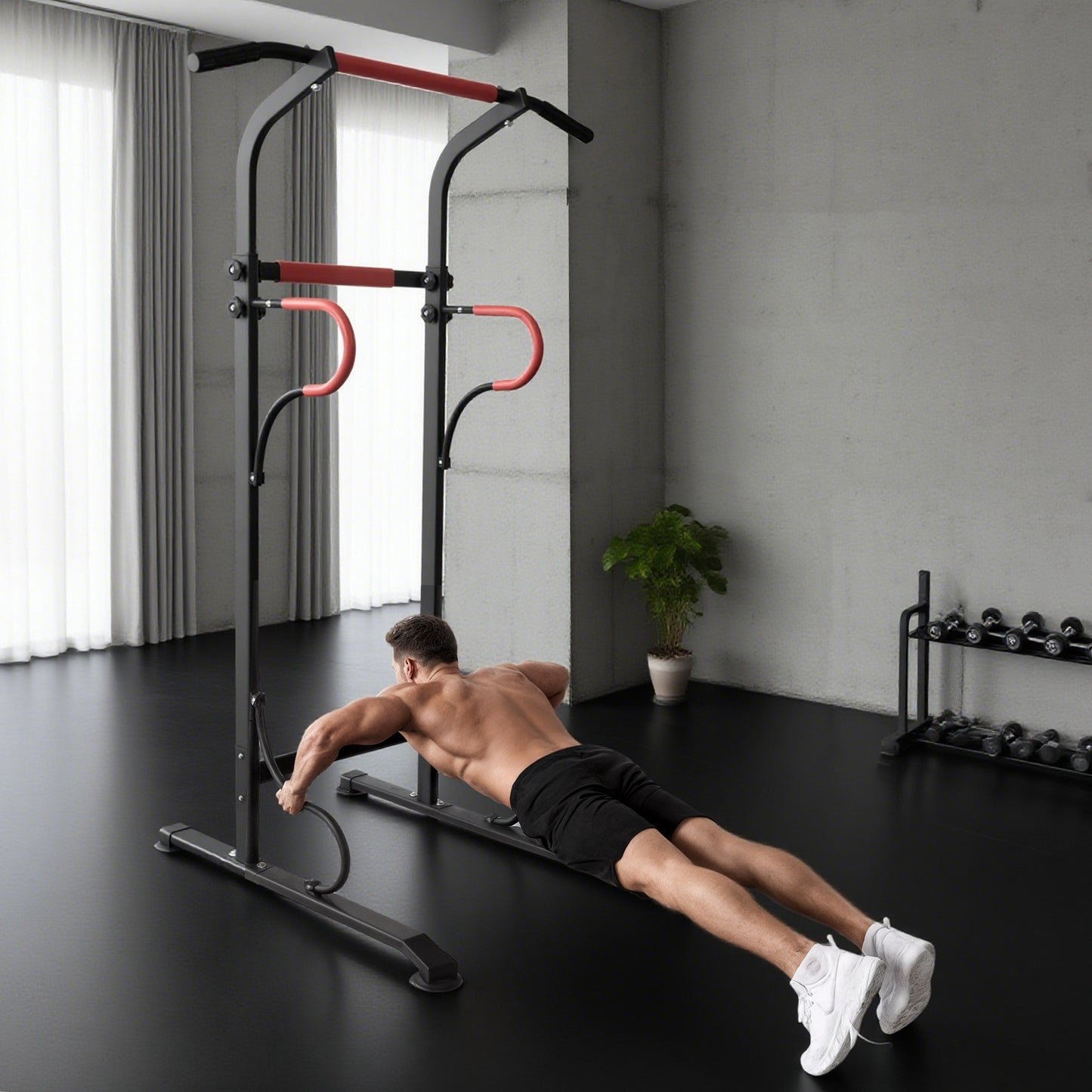 Verstelbare Power Tower – Dipstation – Pull-Up Bar – Fitnessrek – Krachtstation – Zwart Rood – Stevig Stalen Frame – Antislip Zuignappen