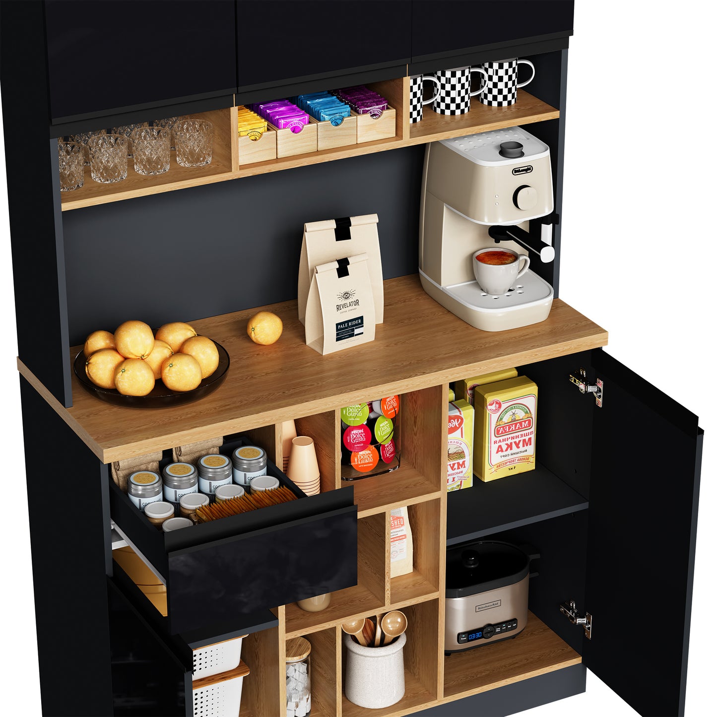 Keukenkastje – Buffetkast – Dressoir – Opbergkast – Hoge Kast –  Zwart – 185 cm Hoog – 3 cm MDF Werkblad Met Houtlook
