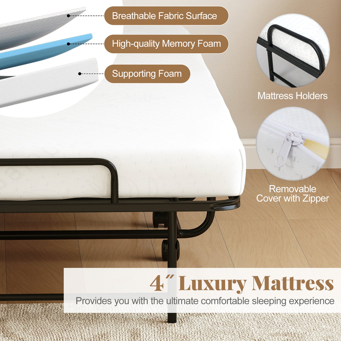 Inklapbaar Bed – Opvouwbaar Bed – Logeerbed – Rolluikbed – Campingbed – Met 4” Luxe Matras – Stevig Metalen Frame Met Wieltjes