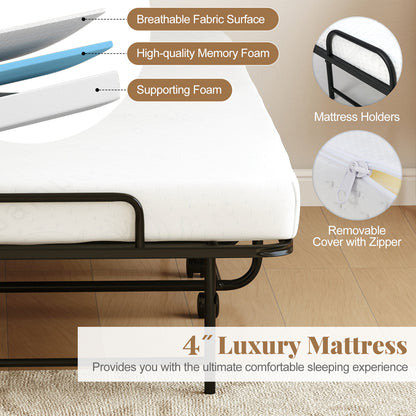 Inklapbaar Bed – Opvouwbaar Bed – Logeerbed – Rolluikbed – Campingbed – Met 4” Luxe Matras – Stevig Metalen Frame Met Wieltjes