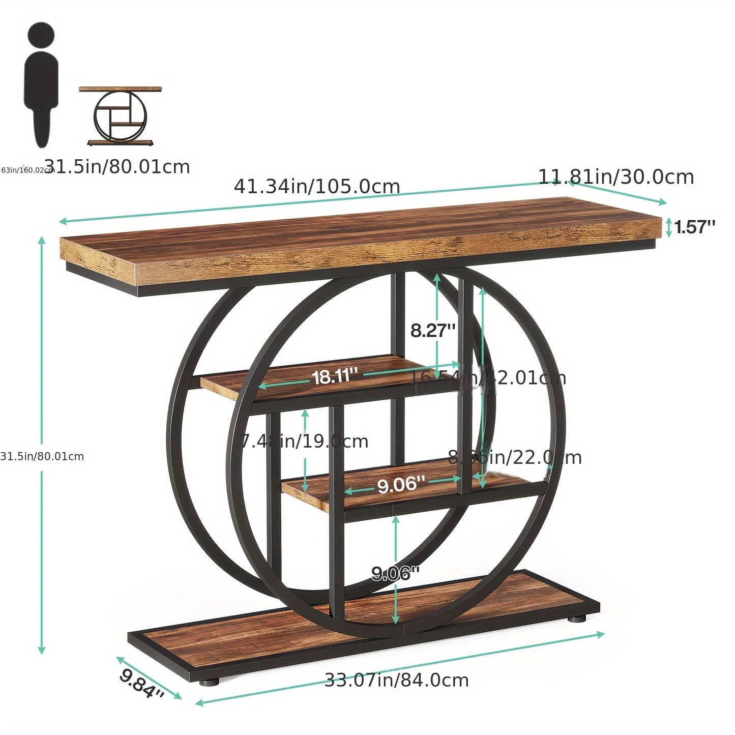 Console Tafel – Sidetable – Opbergtafel – Haltafel – Bijzettafel – Smal 105 cm – Ronde 4 Lagen – Natuurlijke Houtlook – Duurzaam MDF
