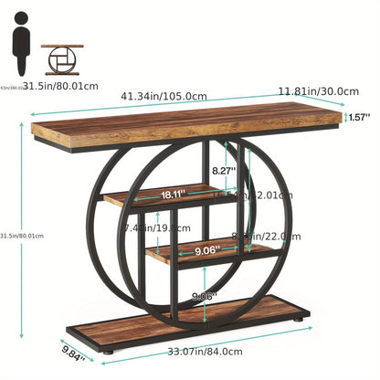 Console Tafel – Sidetable – Opbergtafel – Haltafel – Bijzettafel – Smal 105 cm – Ronde 4 Lagen – Natuurlijke Houtlook – Duurzaam MDF