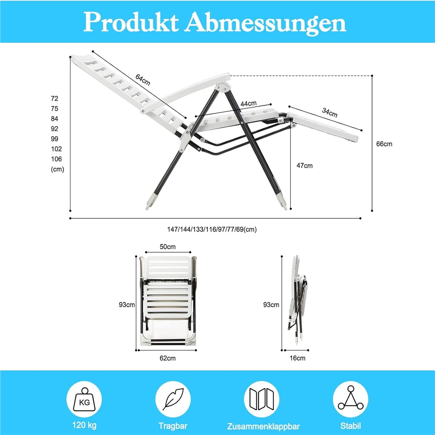 Ligstoel – Zonnebed – Tuinstoel – Relaxstoel – Strandstoel – 7-Posities Verstelbaar – Weerbestendig Wit