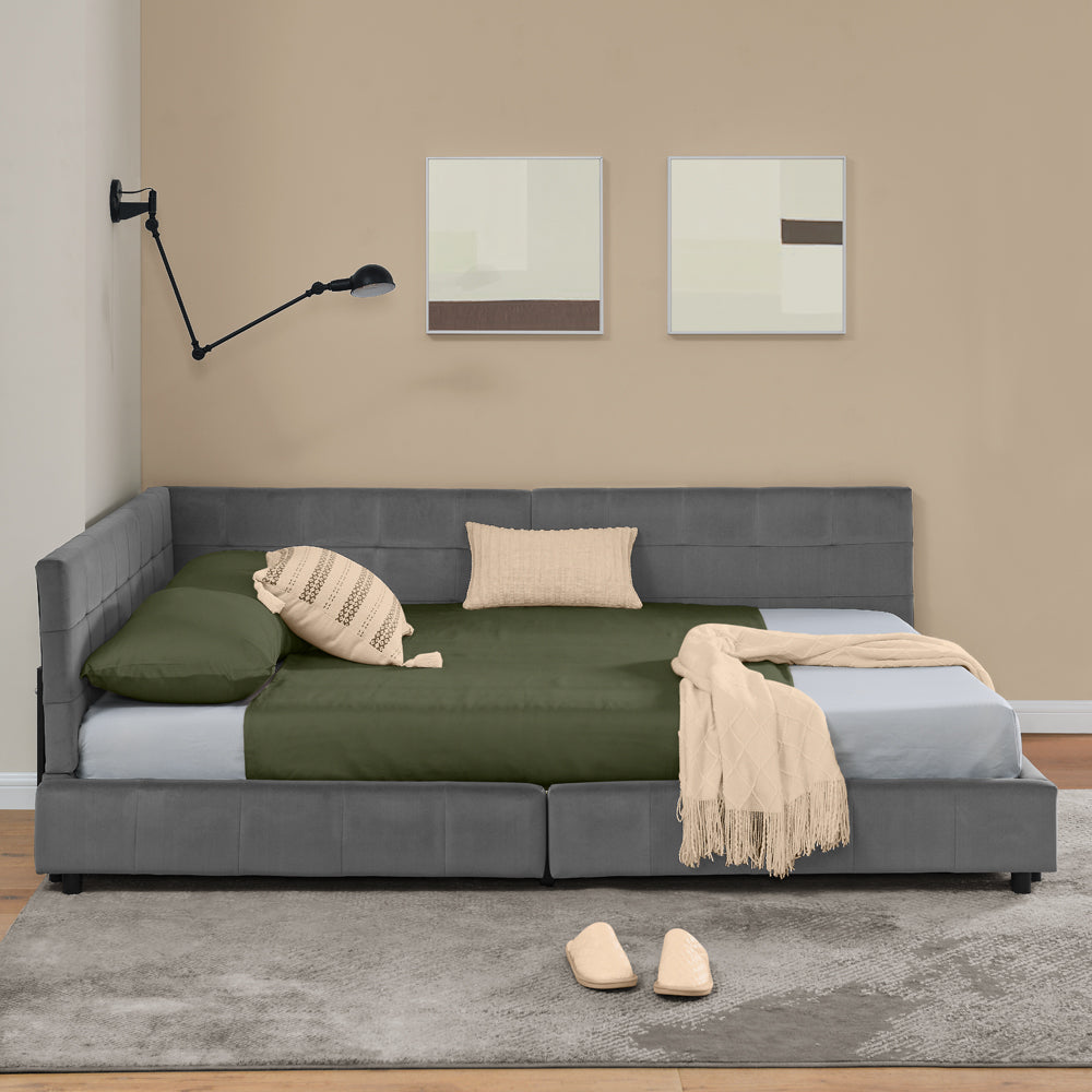Hoekbankbed – Slaapbank – Bedbank – Loungesofa – Bedbank Hoek – Donkergrijs Velvet – 160x200 cm Tweepersoonsbed – Massief Eucalyptus Hout & IJzeren Frame