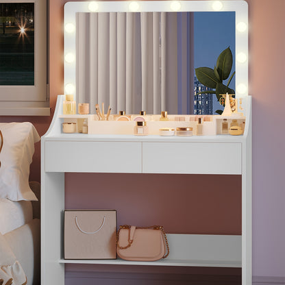 Kaptafel – Make-uptafel – Vanity – Schminktafel – Toilettafel – Wit – Grote Spiegel Met LED-verlichting – 3 Lades & Opbergruimtes