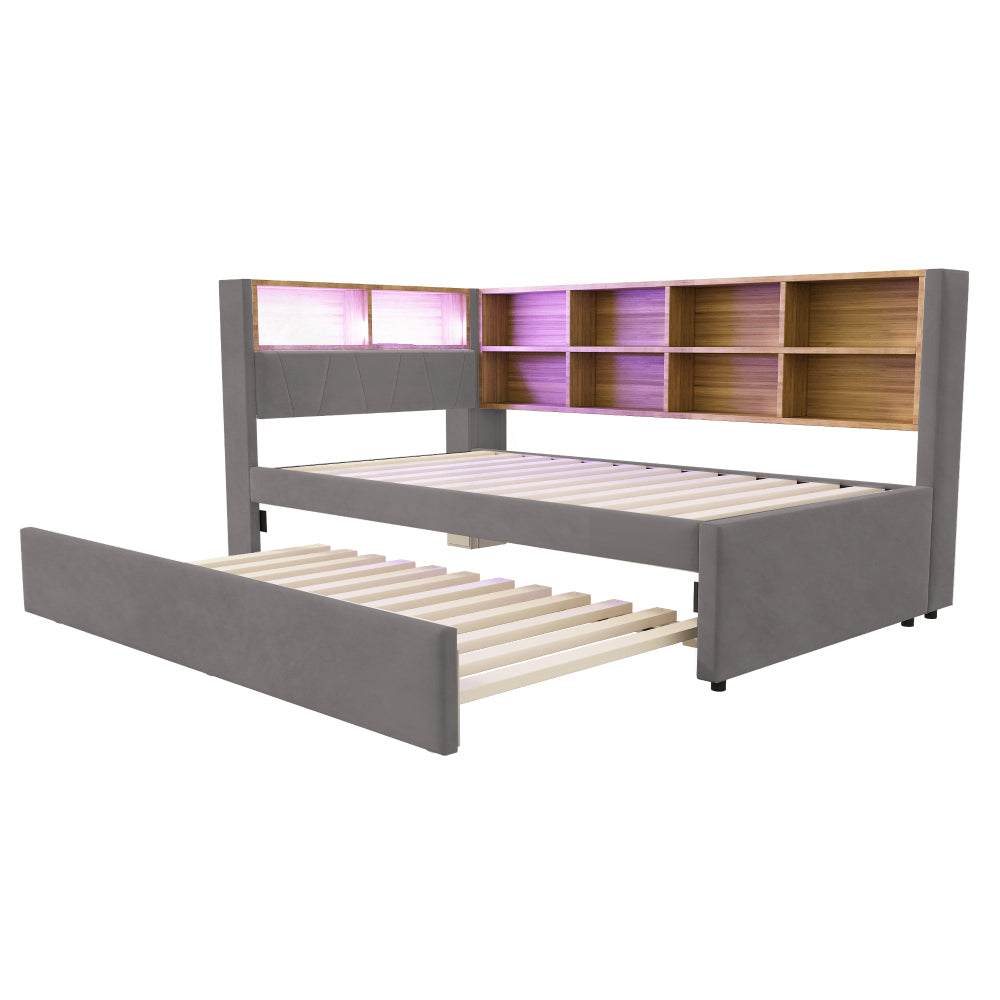 Modern Multifunctional Sofa Bed with Pull-Out Sleeper & Storage - Grey/Beige Upholstered Sleeper Sofa, Twin/Full Size (90x200/90x190cm), No Assembly Required, Space-Saving Bed Frame for Small Apartments, Dorm, Guest Room (Mat