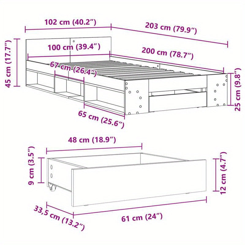 White Bed Frame with Drawer, 100X200 Cm, Made of Multilayer Wood, Removable And Sturdy.