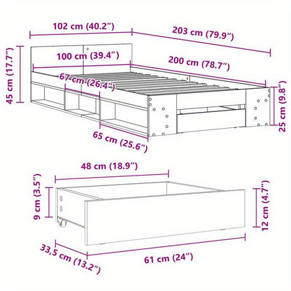 White Bed Frame with Drawer, 100X200 Cm, Made of Multilayer Wood, Removable And Sturdy.