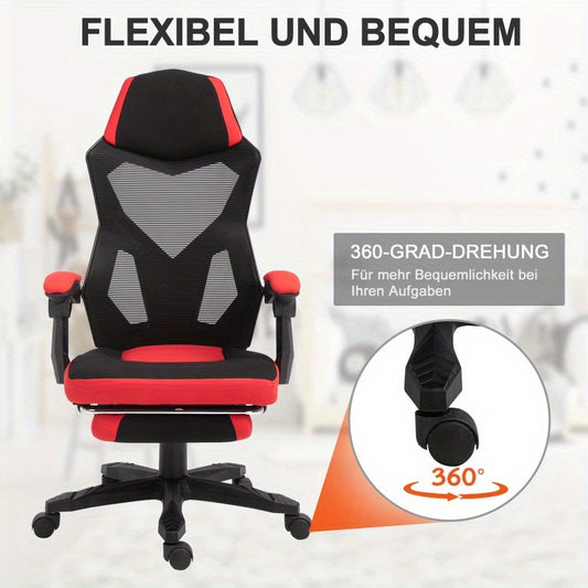 Vinsetto Ergonomic Gaming & Office Chair with Adjustable Height Footrest, 360° Swivel, Flexible Armrests & Headrest - Black/Red Polyester, Metal Frame, 360° Rotation, No Assembly Required for Home PC Gaming & Office Desk, G