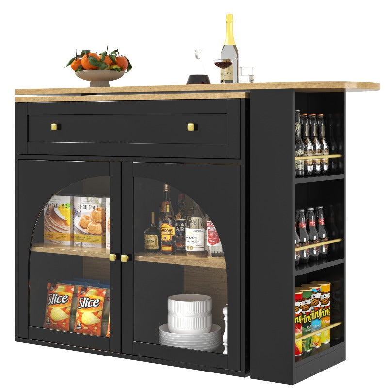 Uitschuifbare Bartafel – Hoge Tafel – Keukeneiland – Bistrotafel – Opberggedeelte – 138-204x39x104 cm – 360° Draaibaar – Modern Zwart Glas