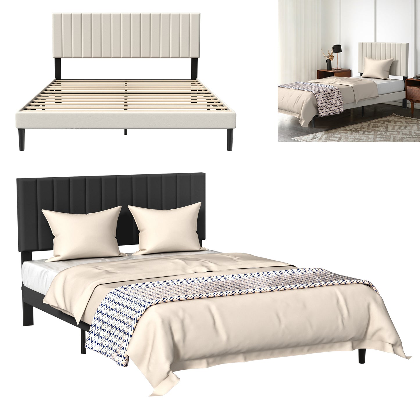 Hoofdeinde – Bedpaneel – Bedwand – Bedframe – Slaapkamerdecoratie – Zwart/Beige – Lichtgewicht Stoffering – Metaalframe 140x200 cm