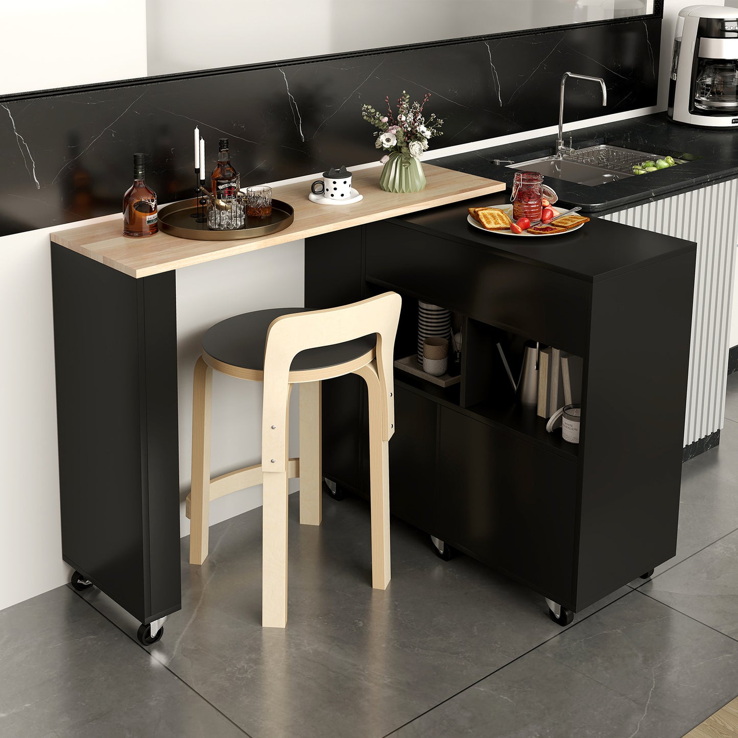 Keukenwagen – Keukeneiland – Serveerwagen – Opbergkast – Bartafel – Mobiel Met Vergrendelbare Wielen – 2-in-1 Draaibaar Werkblad – MDF En Rubberwood Uitvoering – Wit