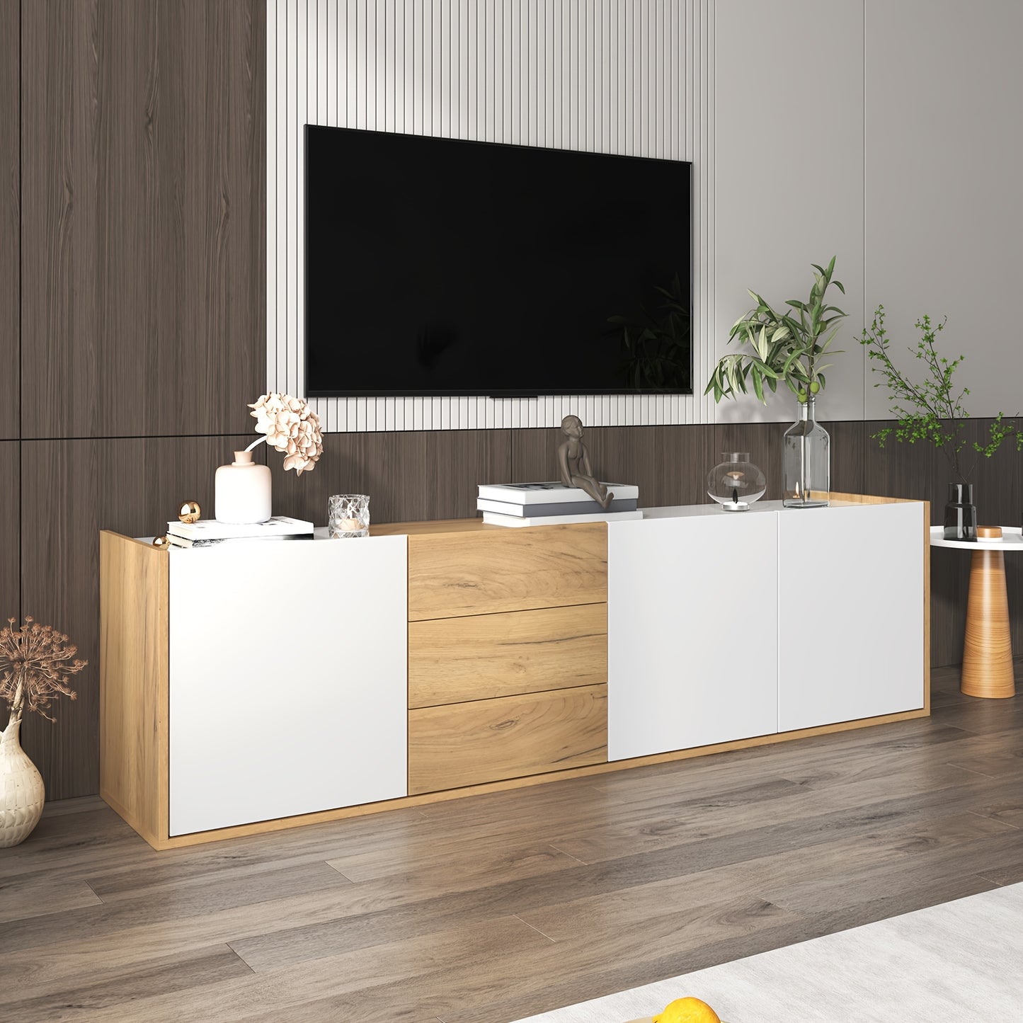 TV-meubel – TV-kast – Mediameubel – Entertainmentmeubel – Lowboard – Wit en Houtkleur – Wandmontage en Vrijstaand – Onderhoudsvriendelijk materiaal