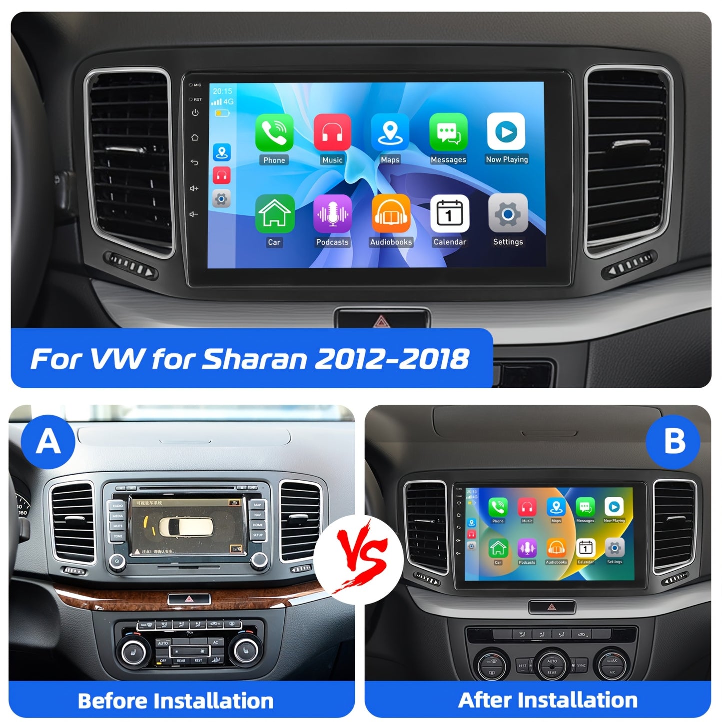 Autoradio VW Sharan 2012-2018 – 2 DIN Multimedia Speler – 9 Inch IPS Touchscreen – Android 15 Systeem – Draadloos CarPlay & Android Auto – Handsfree Bellen & Stuurbediening