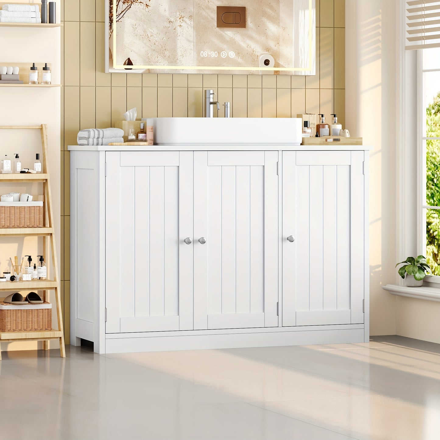 Kealive White 3-Door Modern Bathroom Cabinet with Adjustable Shelves & Doors - Vanity Unit, White, Golden-Toned Knobs, Space-Saving Storage for Bathrooms, Easy Assembly (Fits Small/Large Bathrooms)