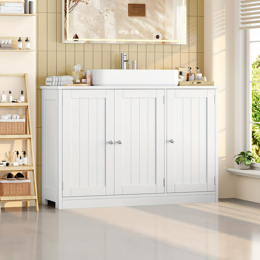 Kealive White 3-Door Modern Bathroom Cabinet with Adjustable Shelves & Doors - Vanity Unit, White, Golden-Toned Knobs, Space-Saving Storage for Bathrooms, Easy Assembly (Fits Small/Large Bathrooms)