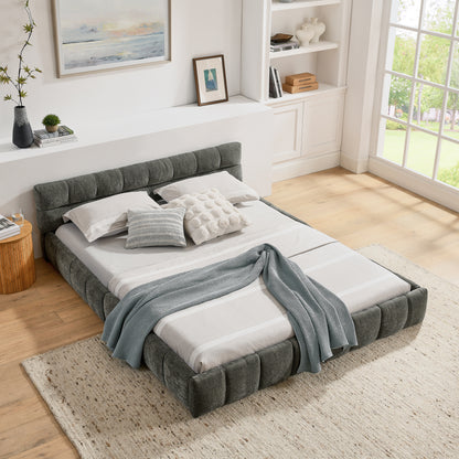 Bedframe – Tweepersoonsbed – Ledikant – Slaapbank – Platformbed – Donkergrijs Chenille – 160x200 cm – Stevig Eucalyptus Hout & IJzeren Frame