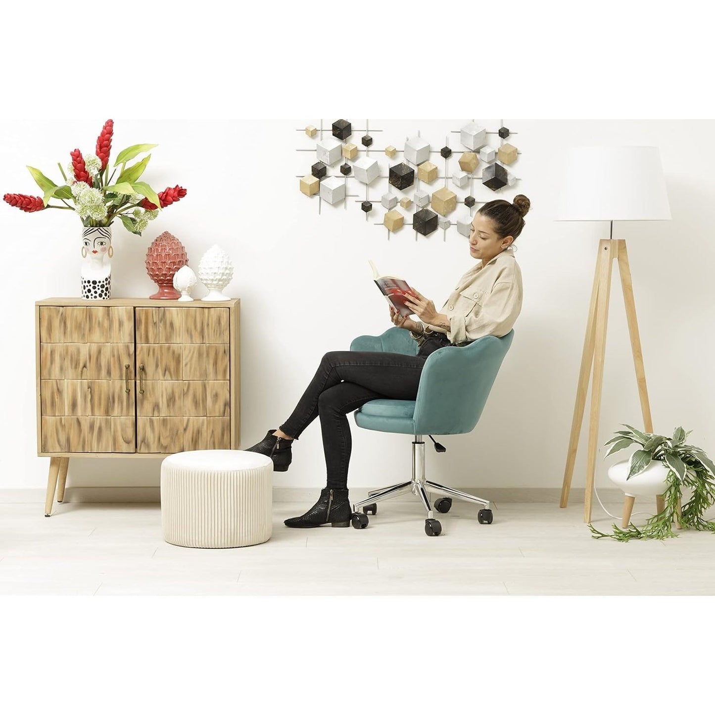 Velvet Bureaustoel – Bureaustoel Met Wieltjes – Fauteuil – Werkstoel – Office Chair – Petrol Groen – Ergonomische Shell Rugleuning – Verstelbare Hoogte 69x71x84 cm
