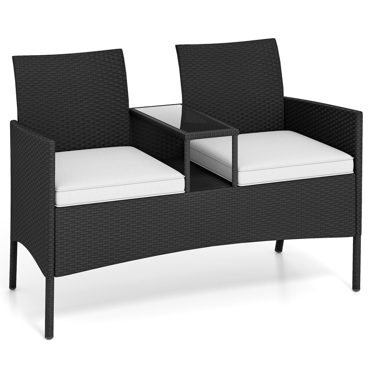 Tuinbank – Loungeset – Bistroset – Tuinmeubilair – Balkonmeubel – Tweezits Met Tafel – Weerbestendig PE-Rattan – Gehard Glas Tafelblad