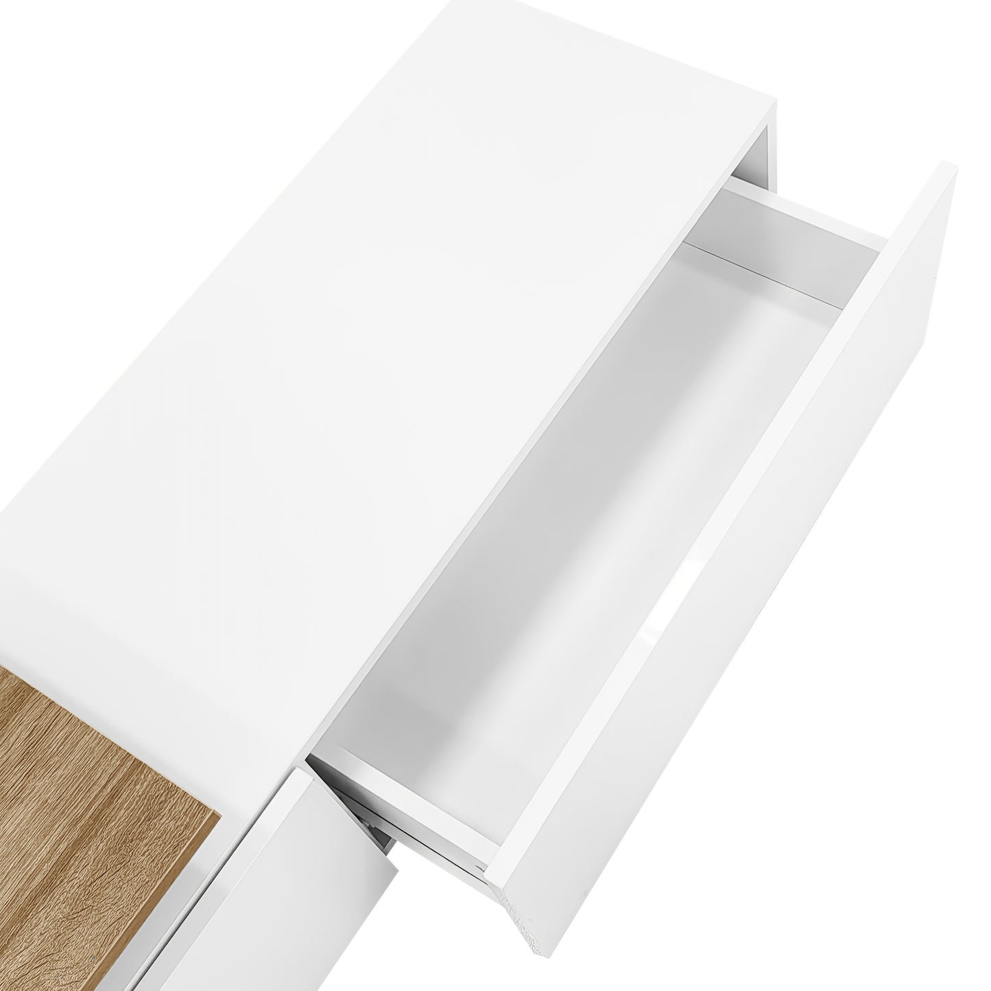 Contemporary TV Unit Design: Chic And Sophisticated, Functional Storage Options, Glossy White Finish, Wood Appearance, Glass Shelving.