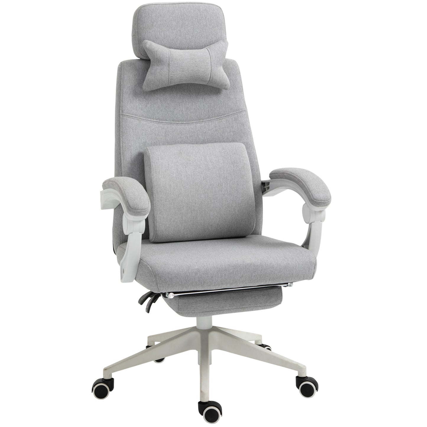 Bureaustoel – Kantoorstoel – Draaistoel – Gamestoel – Office Chair – Verstelbare Rugleuning – Inklapbare Voetensteun – Linnen Bekleding – 360° Wieltjes – Ergonomisch Design – Verstelbare Zithoogte – Grijs – 62x68x127 cm