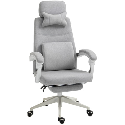 Bureaustoel – Kantoorstoel – Draaistoel – Gamestoel – Office Chair – Verstelbare Rugleuning – Inklapbare Voetensteun – Linnen Bekleding – 360° Wieltjes – Ergonomisch Design – Verstelbare Zithoogte – Grijs – 62x68x127 cm