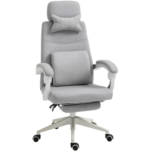 Bureaustoel – Kantoorstoel – Draaistoel – Gamestoel – Office Chair – Verstelbare Rugleuning – Inklapbare Voetensteun – Linnen Bekleding – 360° Wieltjes – Ergonomisch Design – Verstelbare Zithoogte – Grijs – 62x68x127 cm