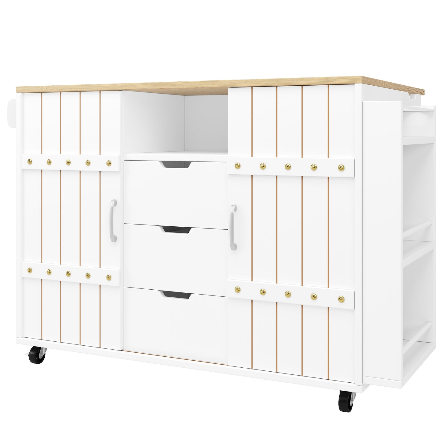 Keukenwagen – Keukentrolley – Keukenkar – Keukenmeubel – Desserte – Inklapbaar Werkblad – Schuifdeuren Met 3 Lades – Wit – 110x42x90 cm – Houtlook MDF 