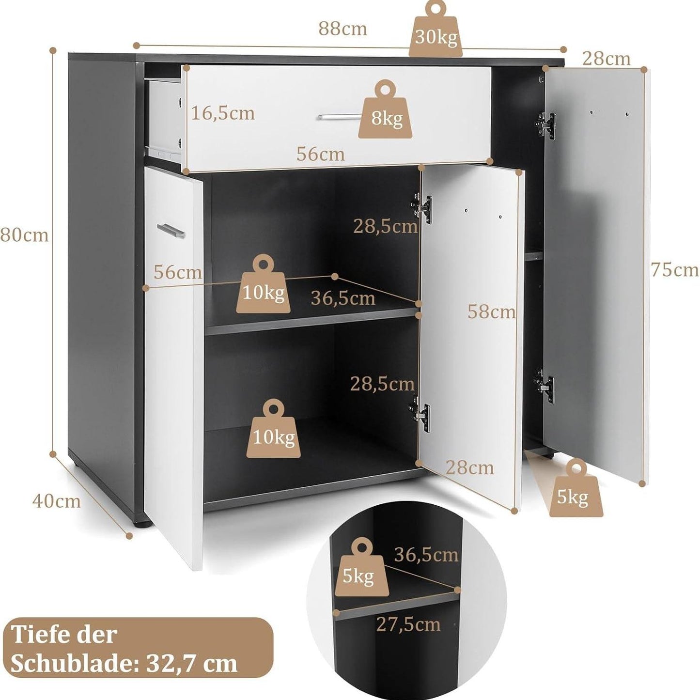 Modern Sideboard – Dressoir – Kast – Opbergmeubel – Servieskast – Grijs-Wit – Kiepbeveiliging – Verstelbare Legplank