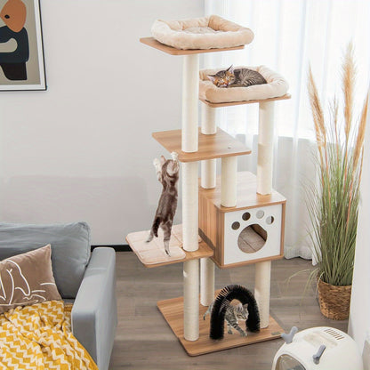 Krabpaal – Kattenboom – Kattenhuis – Krabmeubel – Kattentoren – 176 cm Hoog – Stevig Hout Met Zachte Kussens En Kattenhol