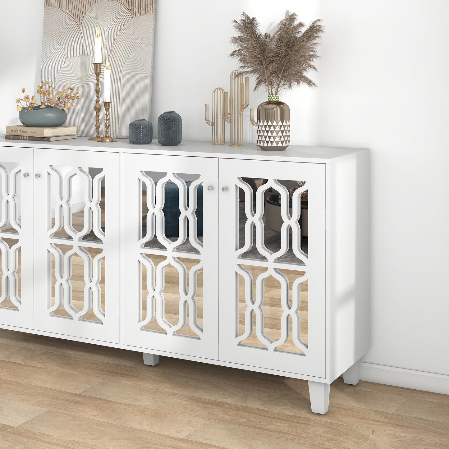 Sideboard – Dressoir – Kast – Opbergkast – Buffetkast – Wit Met Spiegeldeuren – Kristallen Handgrepen – 160x40x84 Cm – Verstelbare Binnenplank