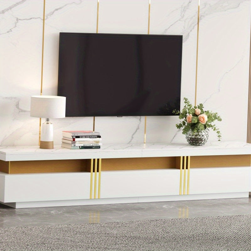 Modern TV-meubel – TV-meubel – Tv-kast – TV-standaard – Mediameubel – Marmerlook Design – Kabelmanagement – Geschikt voor 90 inch TV – 3 Ruime Lades – Duurzaam Niet-Houten Materiaal – Wit