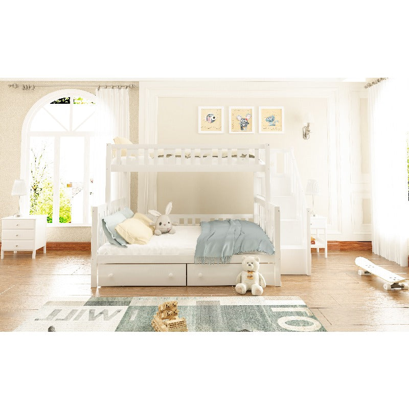 Hoogslaper – Stapelbed – Kinderbed – Mezzaninebed – Halfhoogslaper – Stabiele Trap – 2 Grote Lade Opbergruimtes – 90x200 & 140x200 cm – Wit Modern Design
