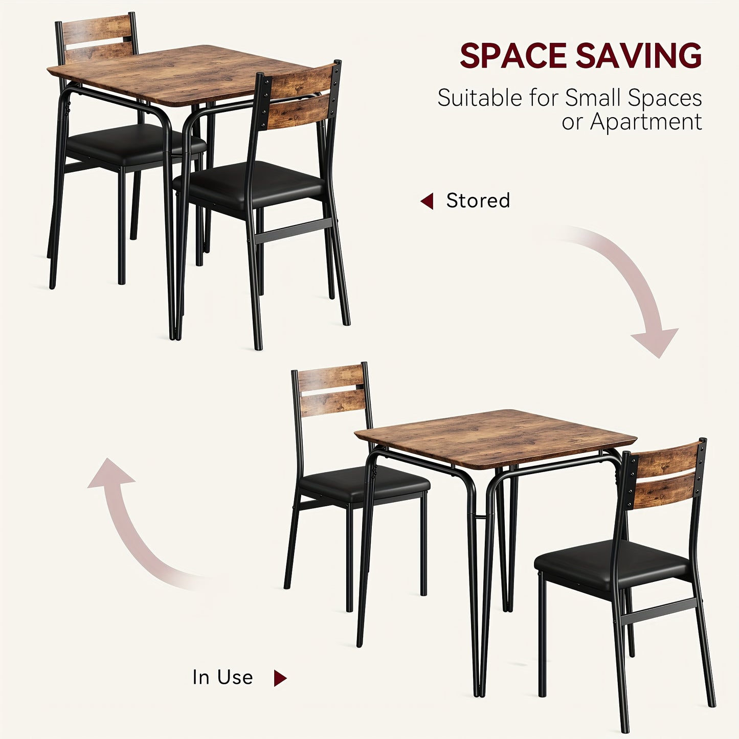 Eettafelset – Eettafel en Stoelen – Dinerset – Keukentafelset – Compacte Tafelset – Ruimtebesparend Ontwerp – MDF Tafelblad met Metalen Frame – Zwart