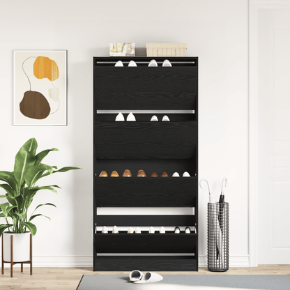 Schoenenrek – Schoenenkast – Schoenenopberger – Schoenenbank – Schoenendiens – Zwart Houten Design – Ruimtebesparend Hoog 80x21x163,5 cm – Duurzaam Hardhout Met Glazen Planken