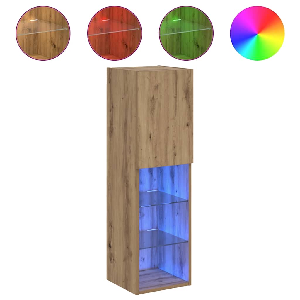 TV-meubel – TV-kast – TV-meubel met verlichting – Mediameubel – Opbergmeubel – Artisanale eikenlook – RGB LED-verlichting – Wandmontage mogelijk – Compact ontwerp 30,5x30x102 cm