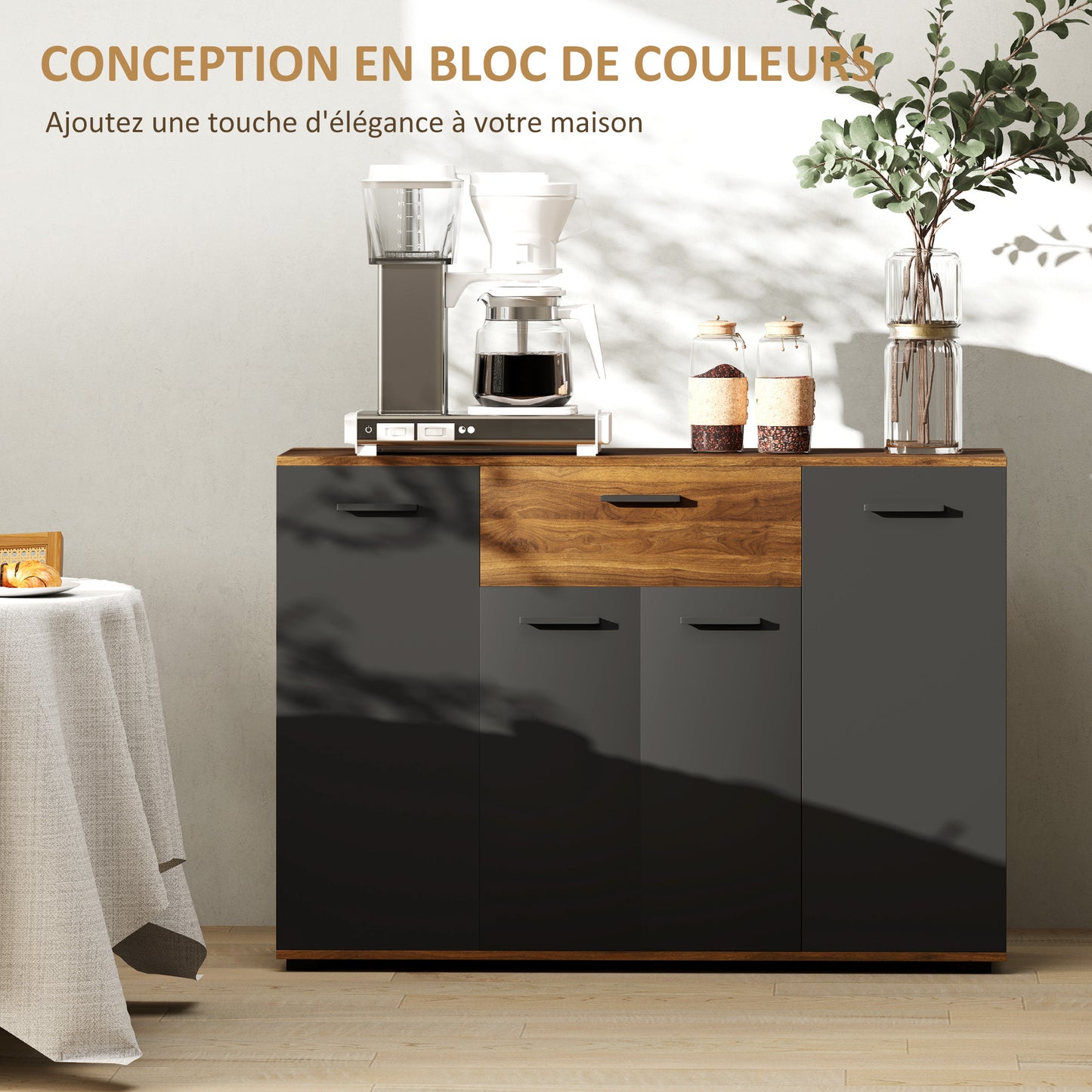 Buffetkast – Dressoir – Opbergkast – Kast – Sideboard – Bruin Zwart Kleurblok – 4 Kasten Met Lade En Verstelbare Planken – Afmetingen 120x35x85 cm