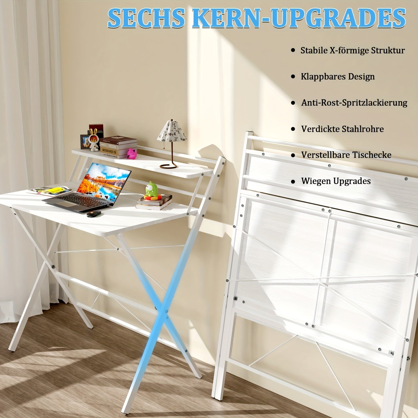 2-laags bureau – houten tafel – schrijftafel – werktafel – studeertafel – wit – compact ontwerp – stevig stalen frame