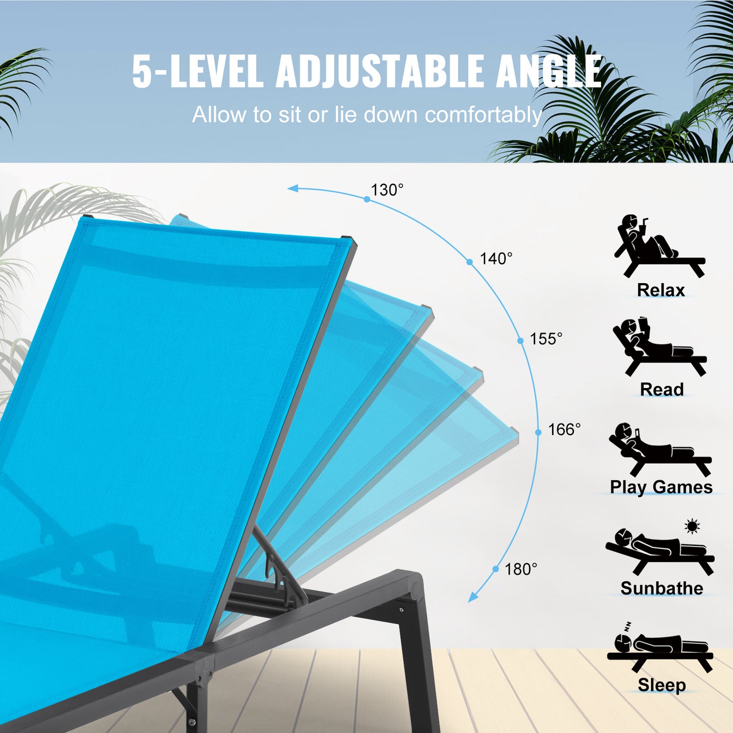 Chaise Lounge – Ligstoel – Loungestoel – Tuinstoel – Patiostoel – Verstelbaar 5-standen – Aluminium Frame – Weerbestendig Blauw