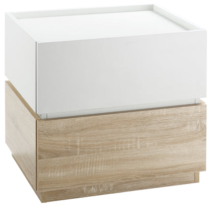 Nachtkastje – Nachtkast – Bedkastje – Bijzettafel – Opbergkast – Stapelbaar Design – Natuurlijk Hout & Wit – 50x40x47,5 cm – 2 Ruime Laden