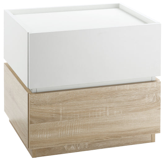 Nachtkastje – Nachtkast – Bedkastje – Bijzettafel – Opbergkast – Stapelbaar Design – Natuurlijk Hout & Wit – 50x40x47,5 cm – 2 Ruime Laden